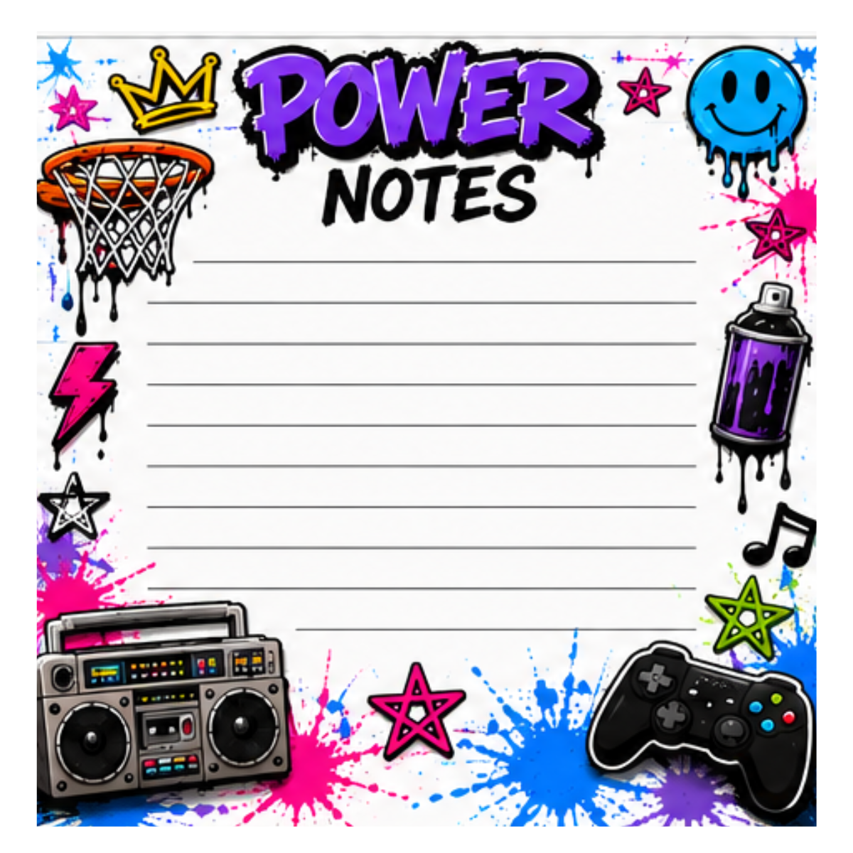 Printed Power Notes Post-it Note Pad — Retro Gamer & Skate Graffiti Sticky Notes