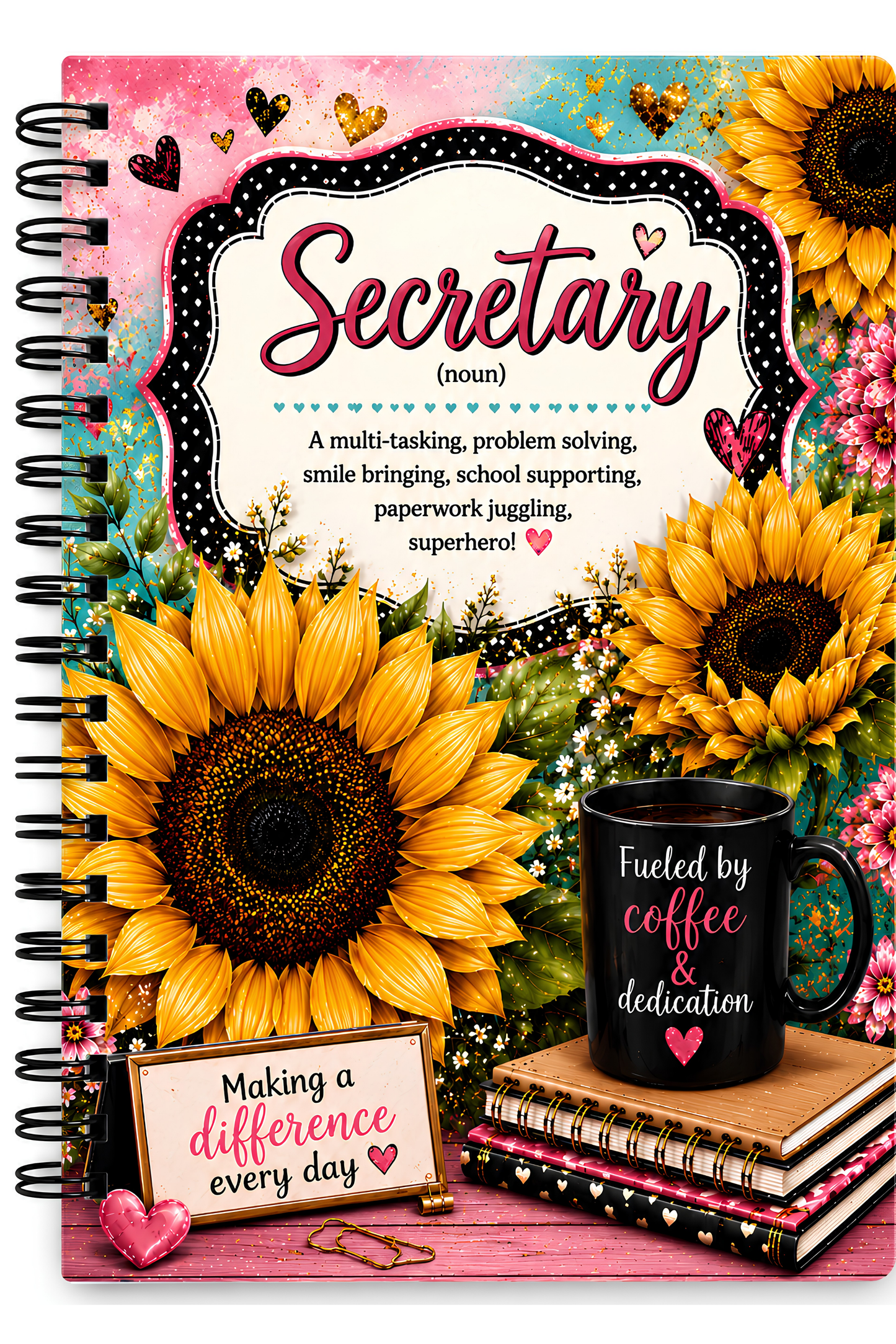 Sunflowers & Coffee Spiral Bound Journal — 'Secretary' Floral Notebook