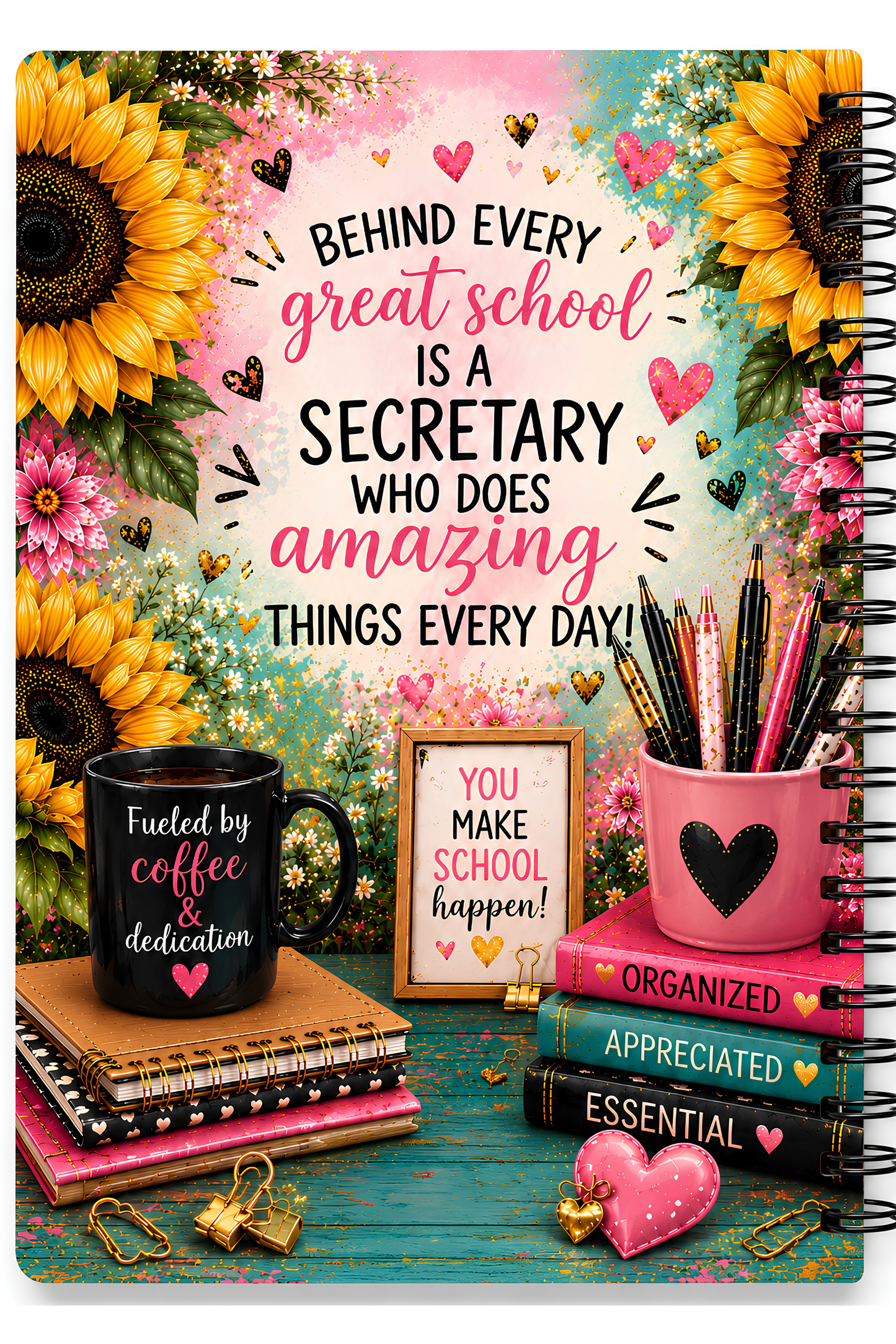 Sunflowers & Coffee Spiral Bound Journal — 'Secretary' Floral Notebook